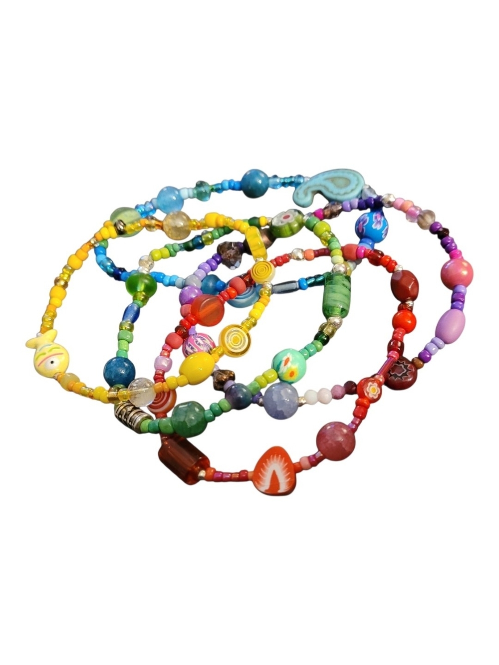 Multicolor Mixed-Media Beaded Stretch Bracelet Set of 5 💜 - Picture 4 of 5